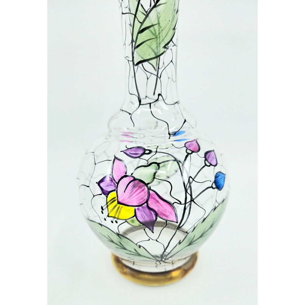 Vintage Handpainted Blown Glass Floral Vase Crystalex Bohemian Czech, Excellent