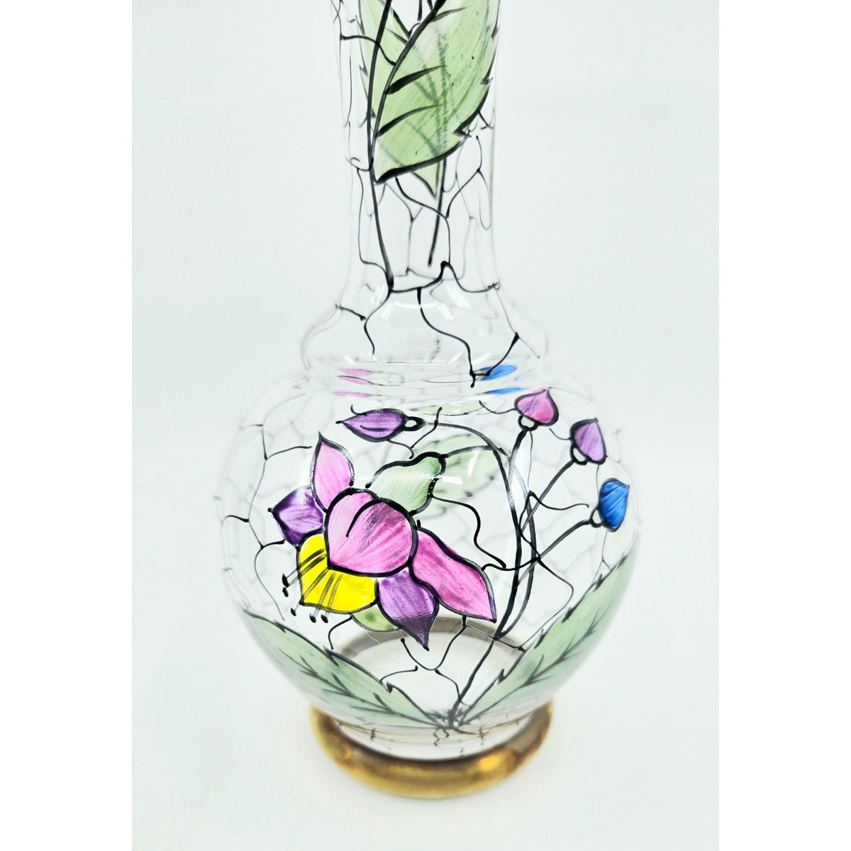 Vintage Handpainted Blown Glass Floral Vase Crystalex Bohemian Czech, Excellent