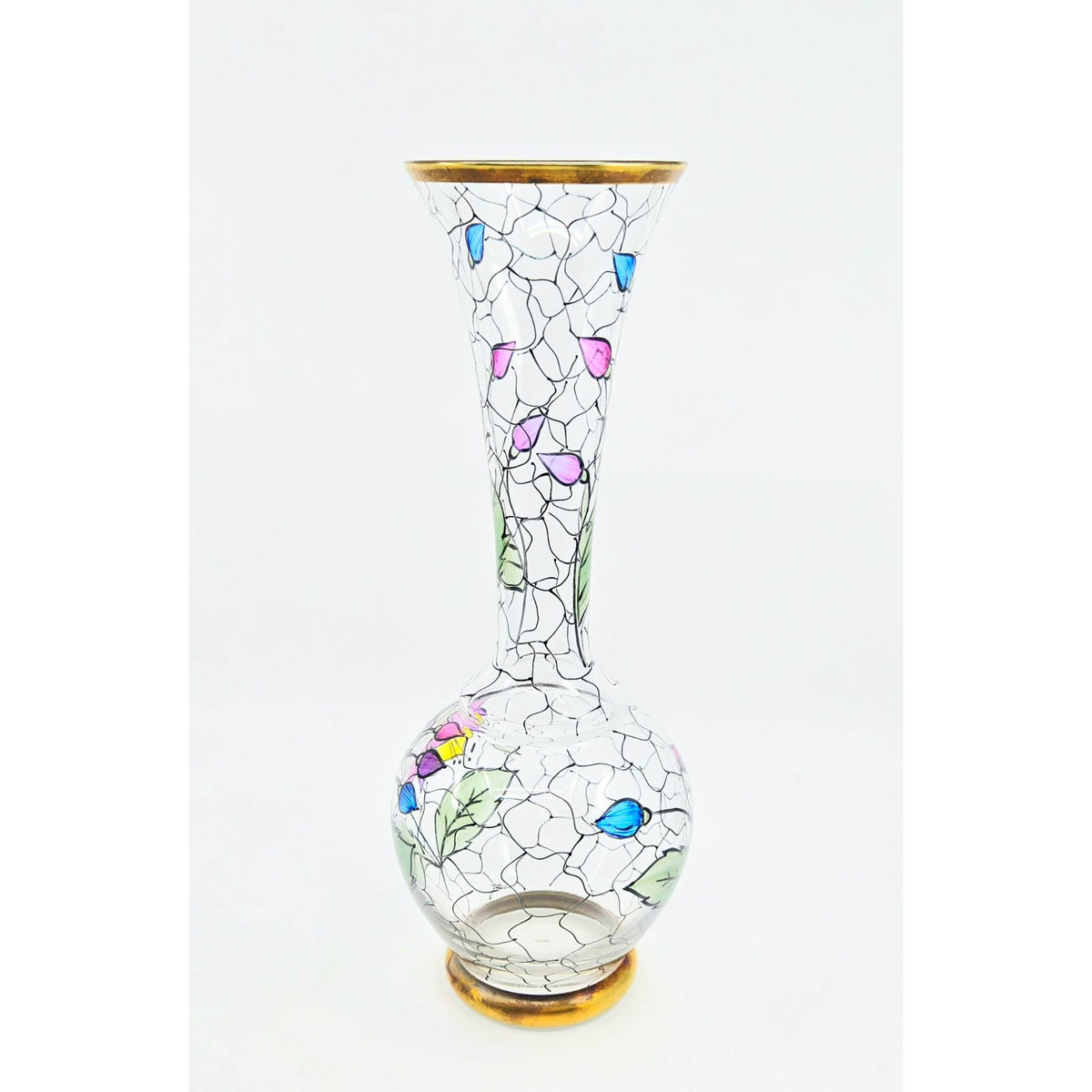 Vintage Handpainted Blown Glass Floral Vase Crystalex Bohemian Czech, Excellent