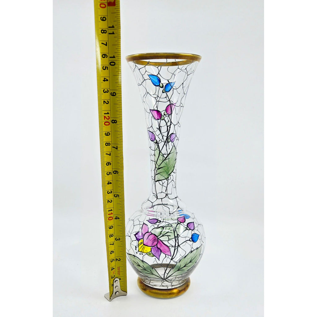 Vintage Handpainted Blown Glass Floral Vase Crystalex Bohemian Czech, Excellent
