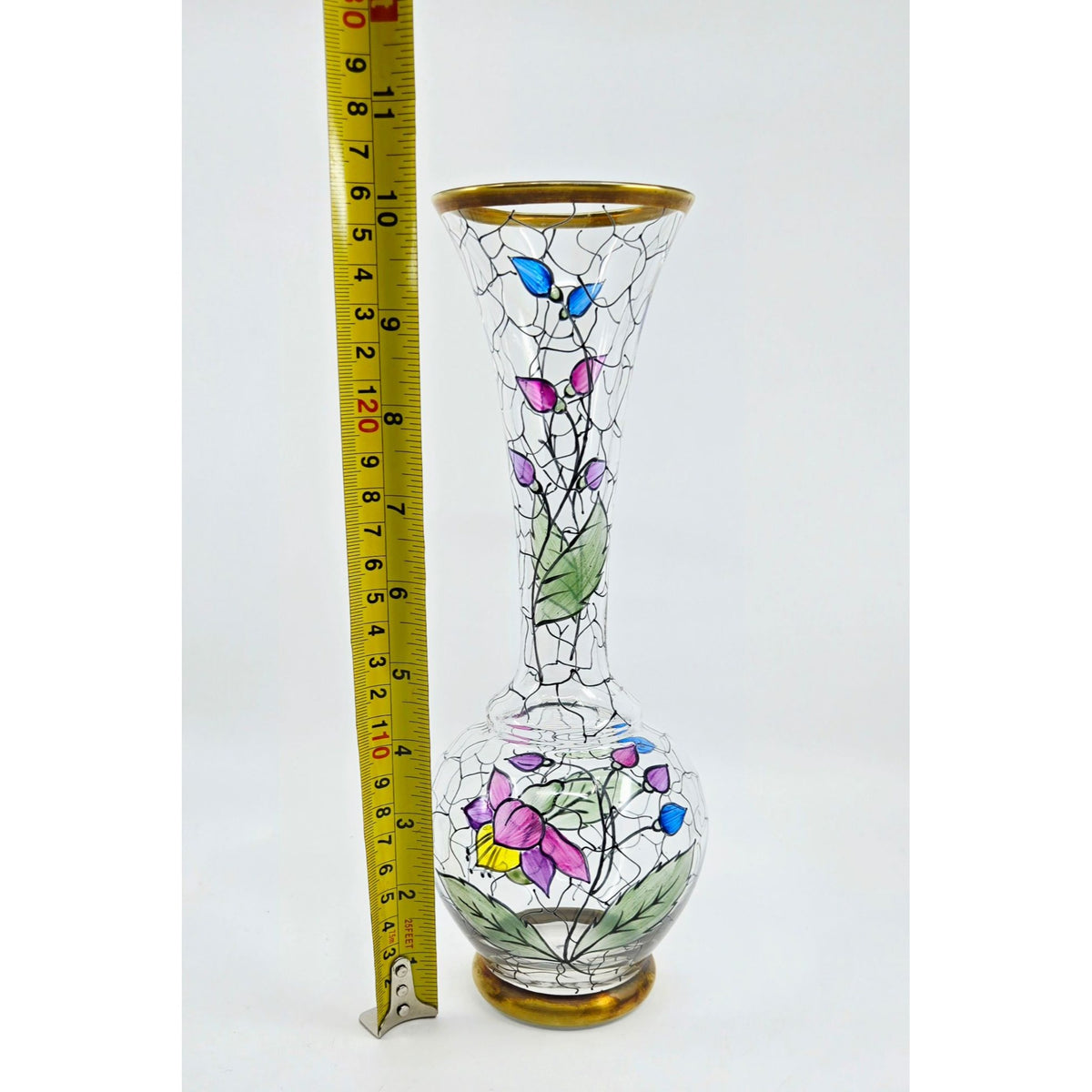 Vintage Handpainted Blown Glass Floral Vase Crystalex Bohemian Czech, Excellent