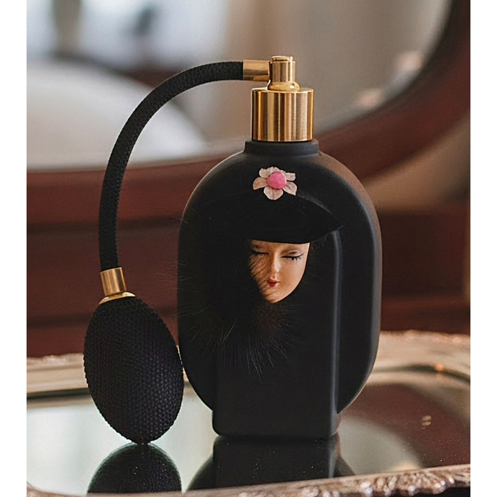 Vintage Price Perfume Bottle cameo Face Female Black figural w/ Fur 5 in