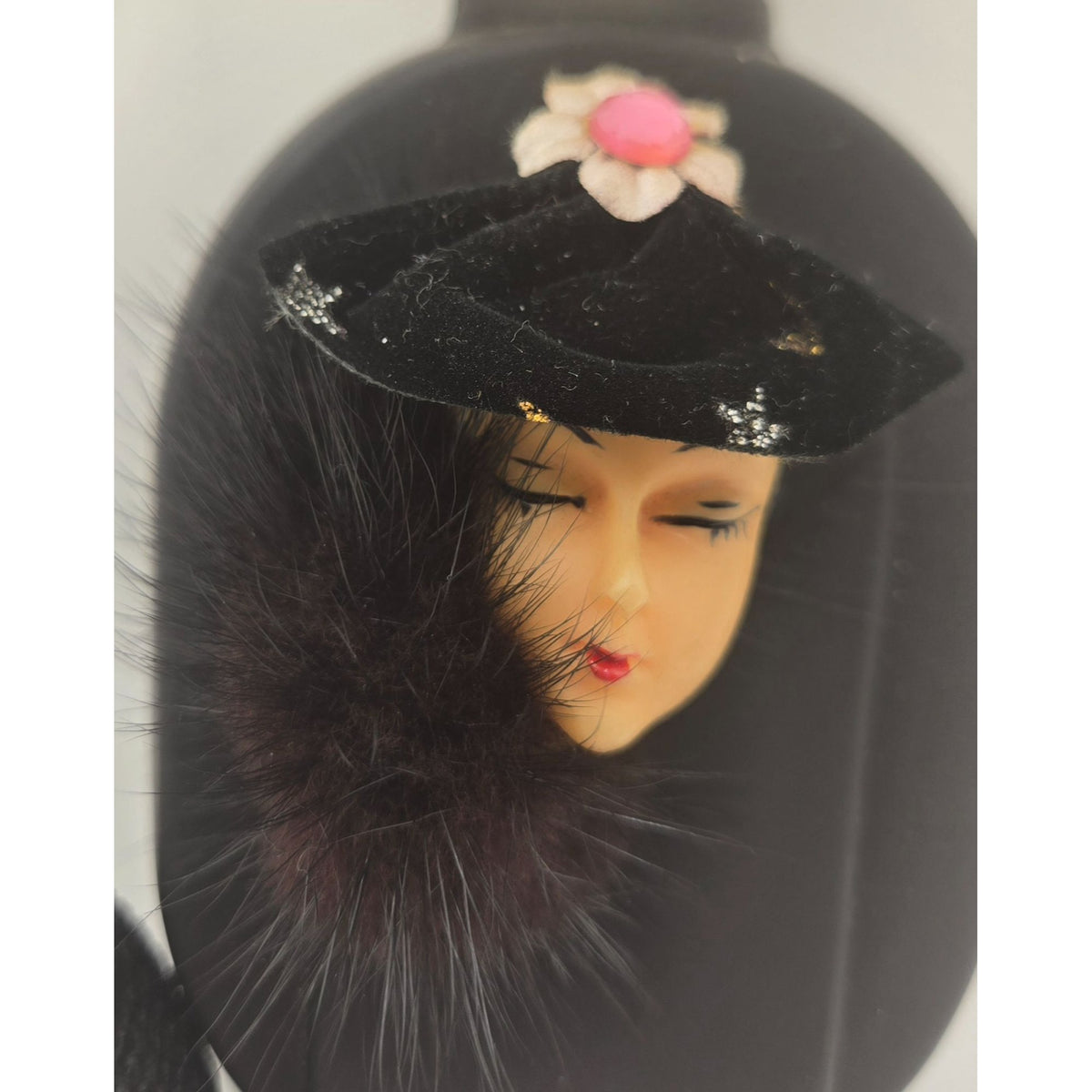 Vintage Price Perfume Bottle cameo Face Female Black figural w/ Fur 5 in