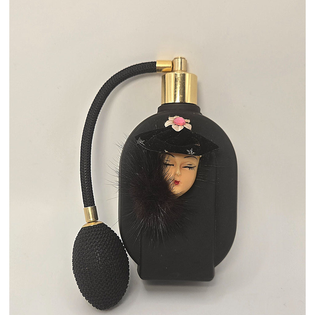 Vintage Price Perfume Bottle cameo Face Female Black figural w/ Fur 5 in