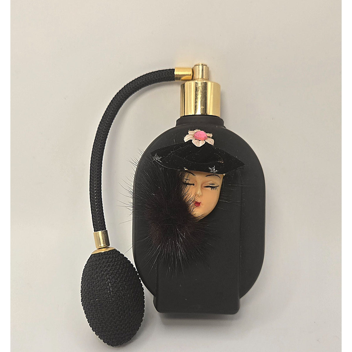 Vintage Price Perfume Bottle cameo Face Female Black figural w/ Fur 5 in