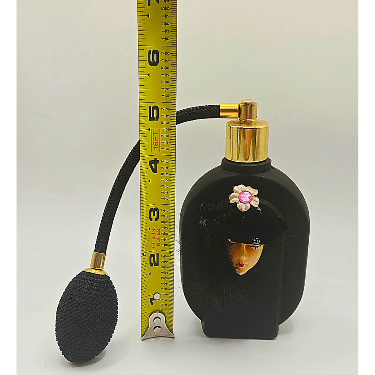 Vintage Price Perfume Bottle cameo Face Female Black figural w/ Fur 5 in