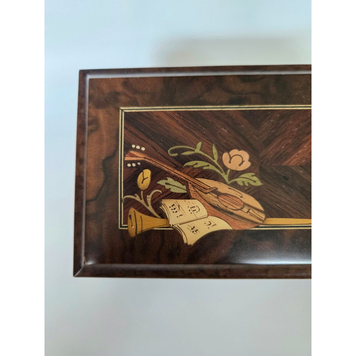 Sorrento Italian Inlaid Wood Music Box Floral & Instrument Design Burl Wood Finish Gold Feet, Nice!