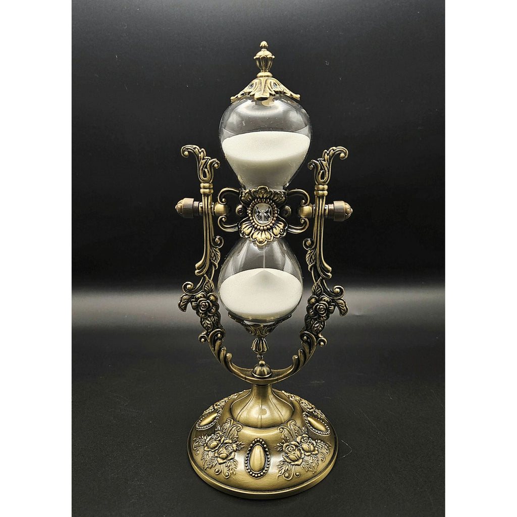 9" Ornate Victorian Style Brass Hourglass With White Sand & Glass Decorative Timer
