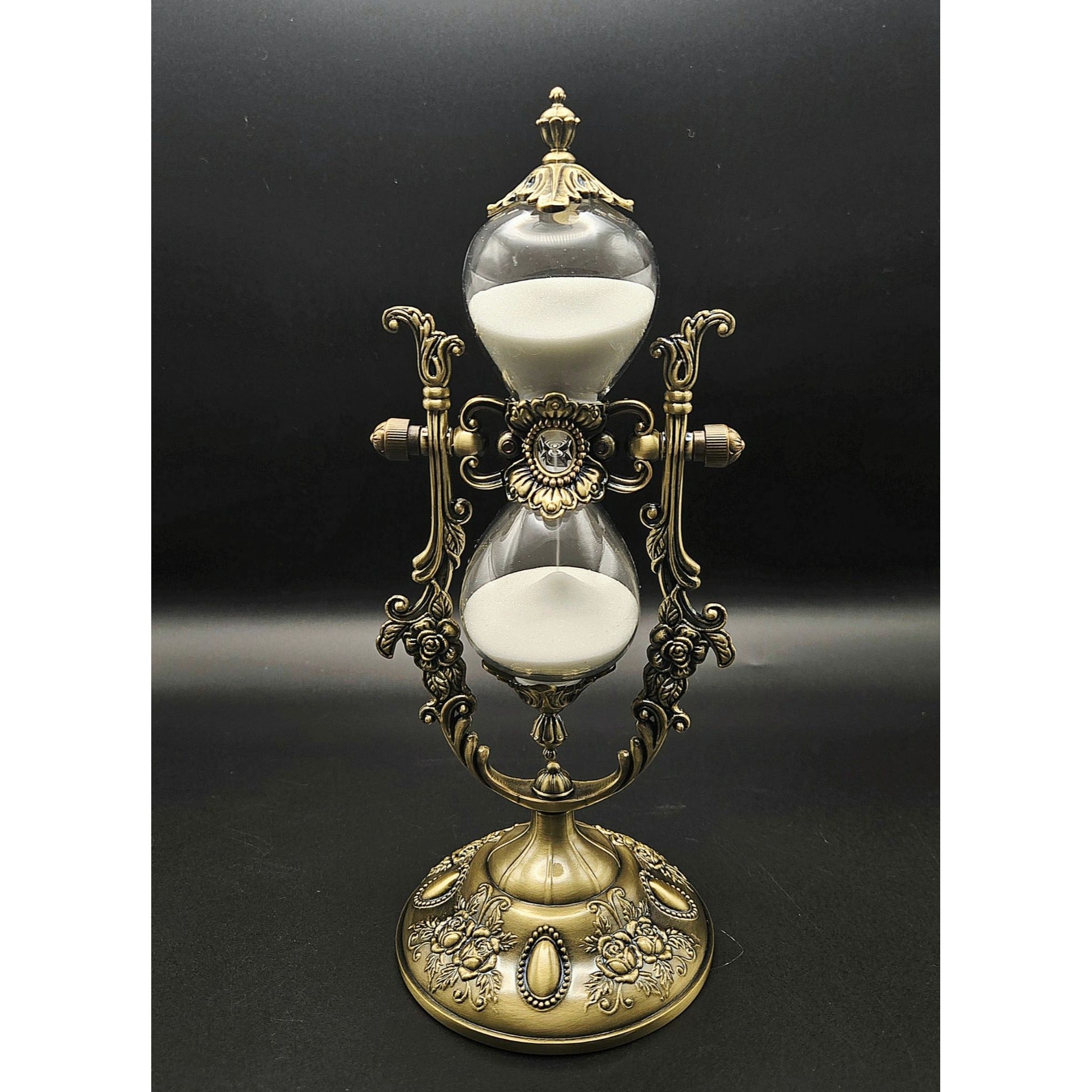 9" Ornate Victorian Style Brass Hourglass With White Sand & Glass Decorative Timer