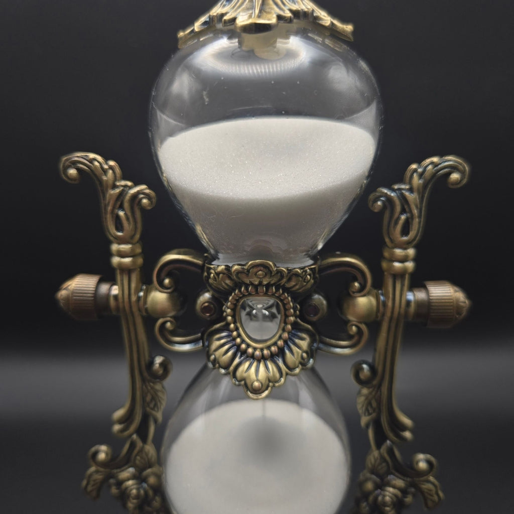 9" Ornate Victorian Style Brass Hourglass With White Sand & Glass Decorative Timer