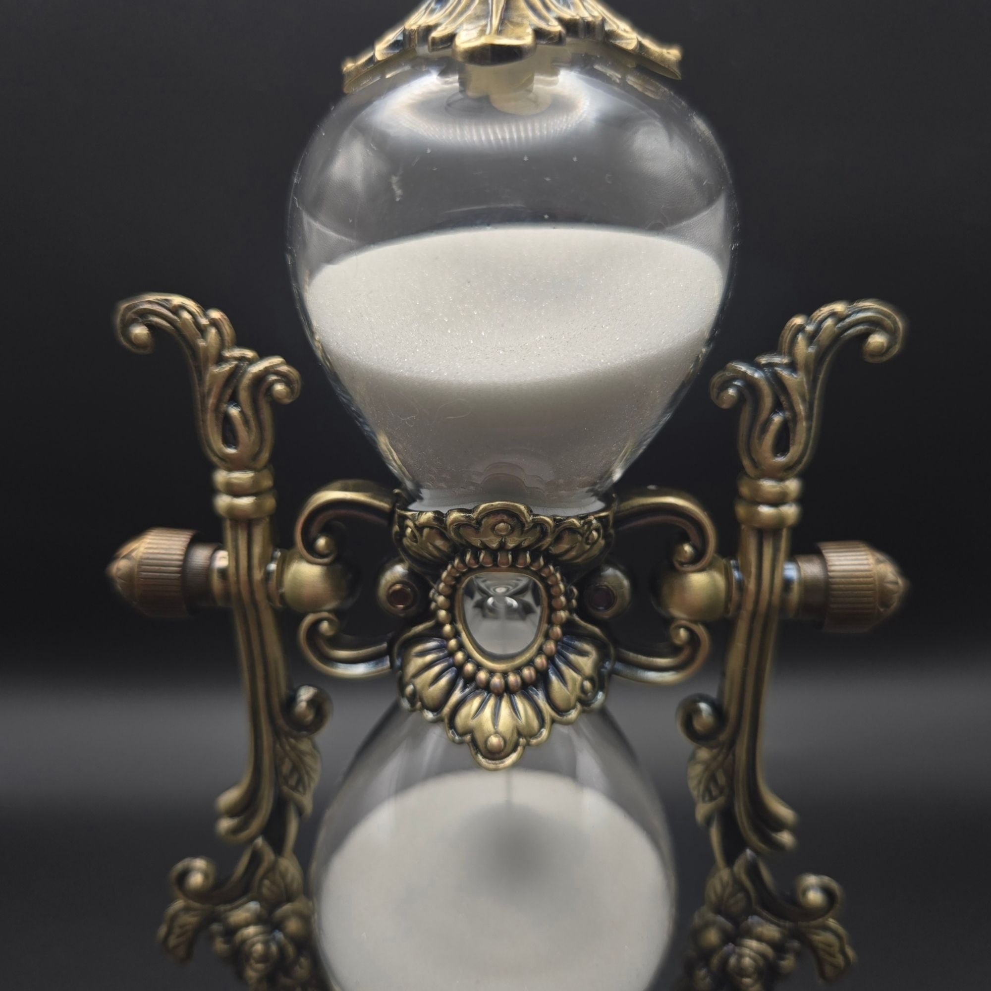 9" Ornate Victorian Style Brass Hourglass With White Sand & Glass Decorative Timer