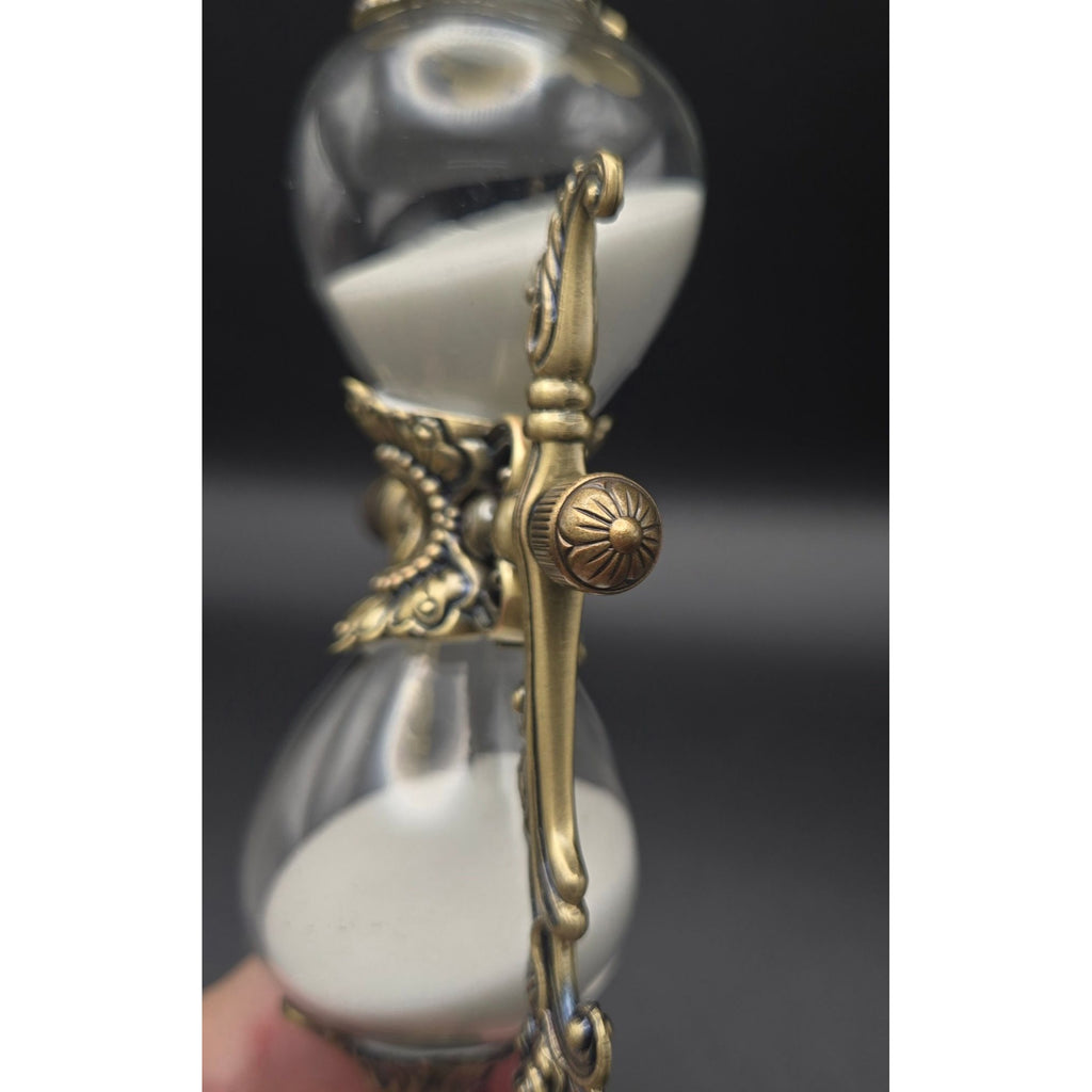 9" Ornate Victorian Style Brass Hourglass With White Sand & Glass Decorative Timer