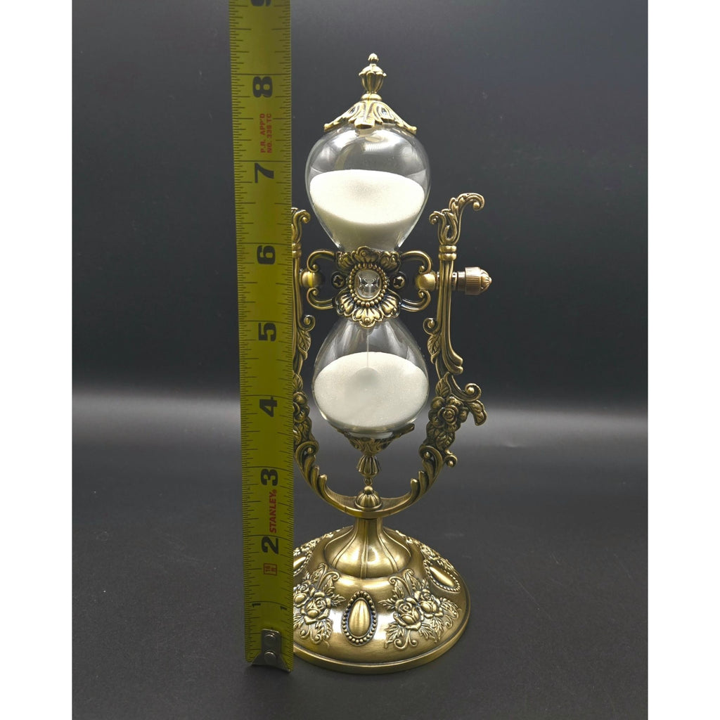 9" Ornate Victorian Style Brass Hourglass With White Sand & Glass Decorative Timer