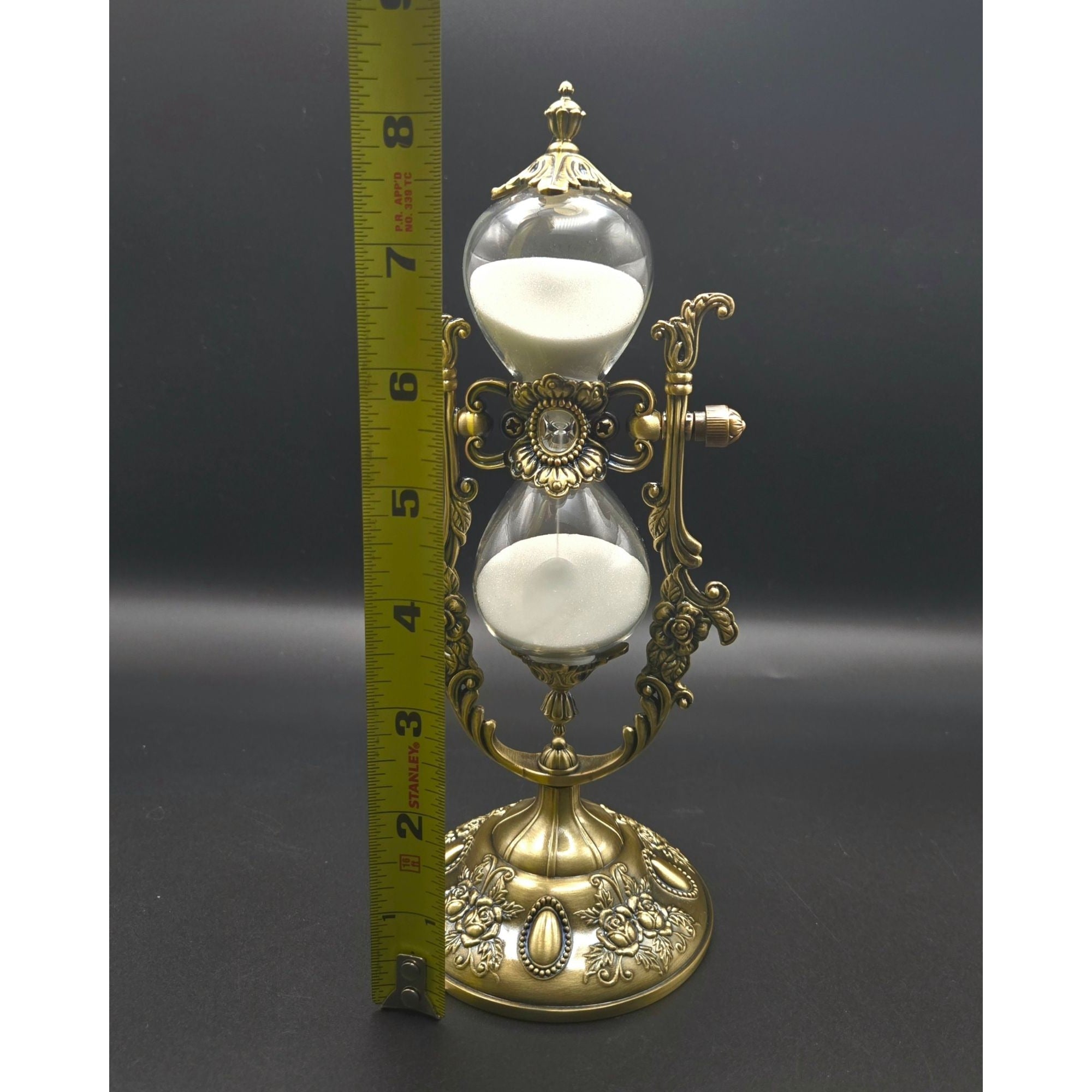 9" Ornate Victorian Style Brass Hourglass With White Sand & Glass Decorative Timer