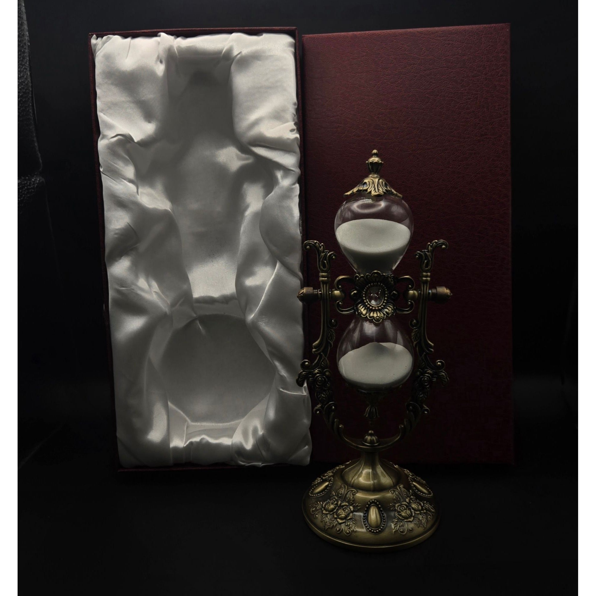 9" Ornate Victorian Style Brass Hourglass With White Sand & Glass Decorative Timer