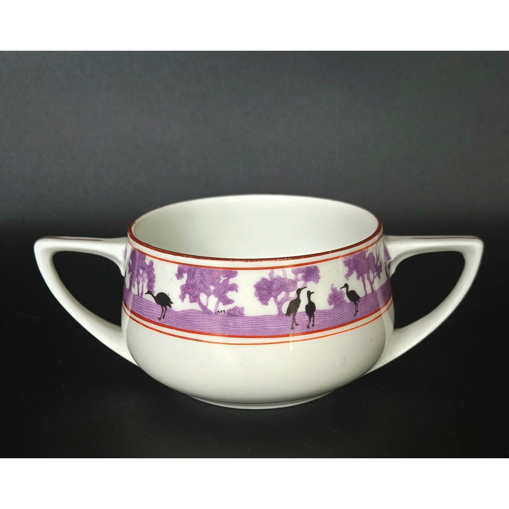 Epiag Czech Silhouette Purple Black Crane Double-Handled Porcelain Birds Bowl