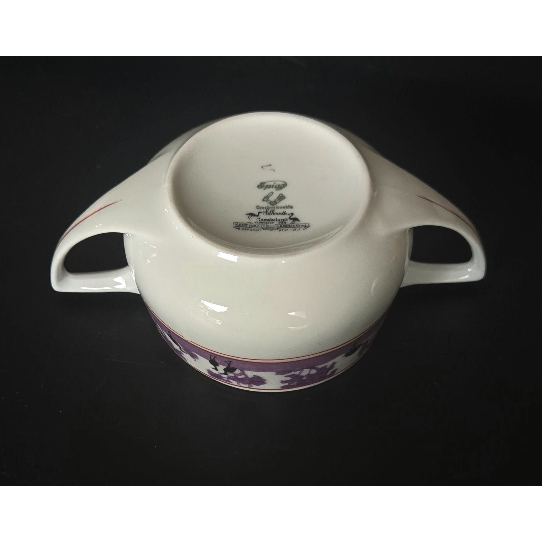 Epiag Czech Silhouette Purple Black Crane Double-Handled Porcelain Birds Bowl