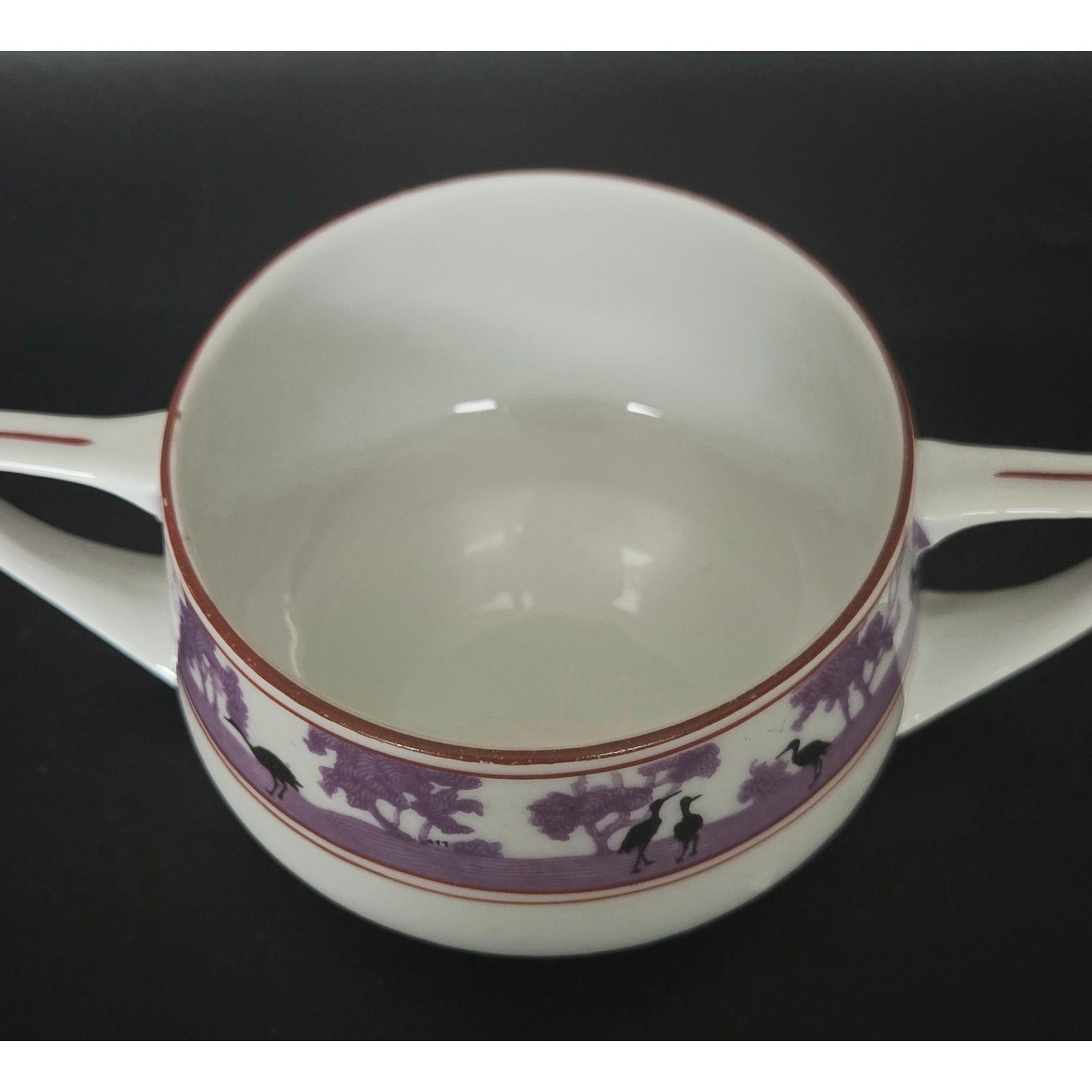 Epiag Czech Silhouette Purple Black Crane Double-Handled Porcelain Birds Bowl