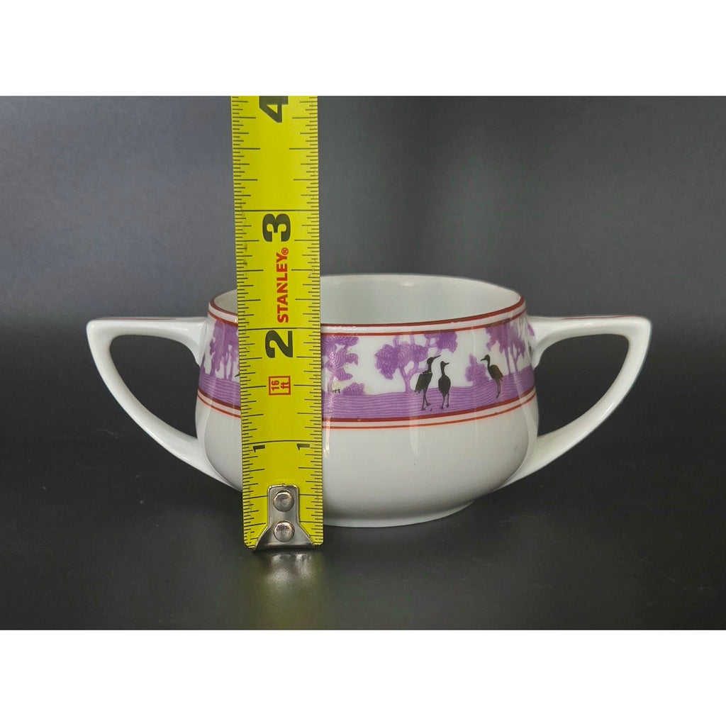 Epiag Czech Silhouette Purple Black Crane Double-Handled Porcelain Birds Bowl