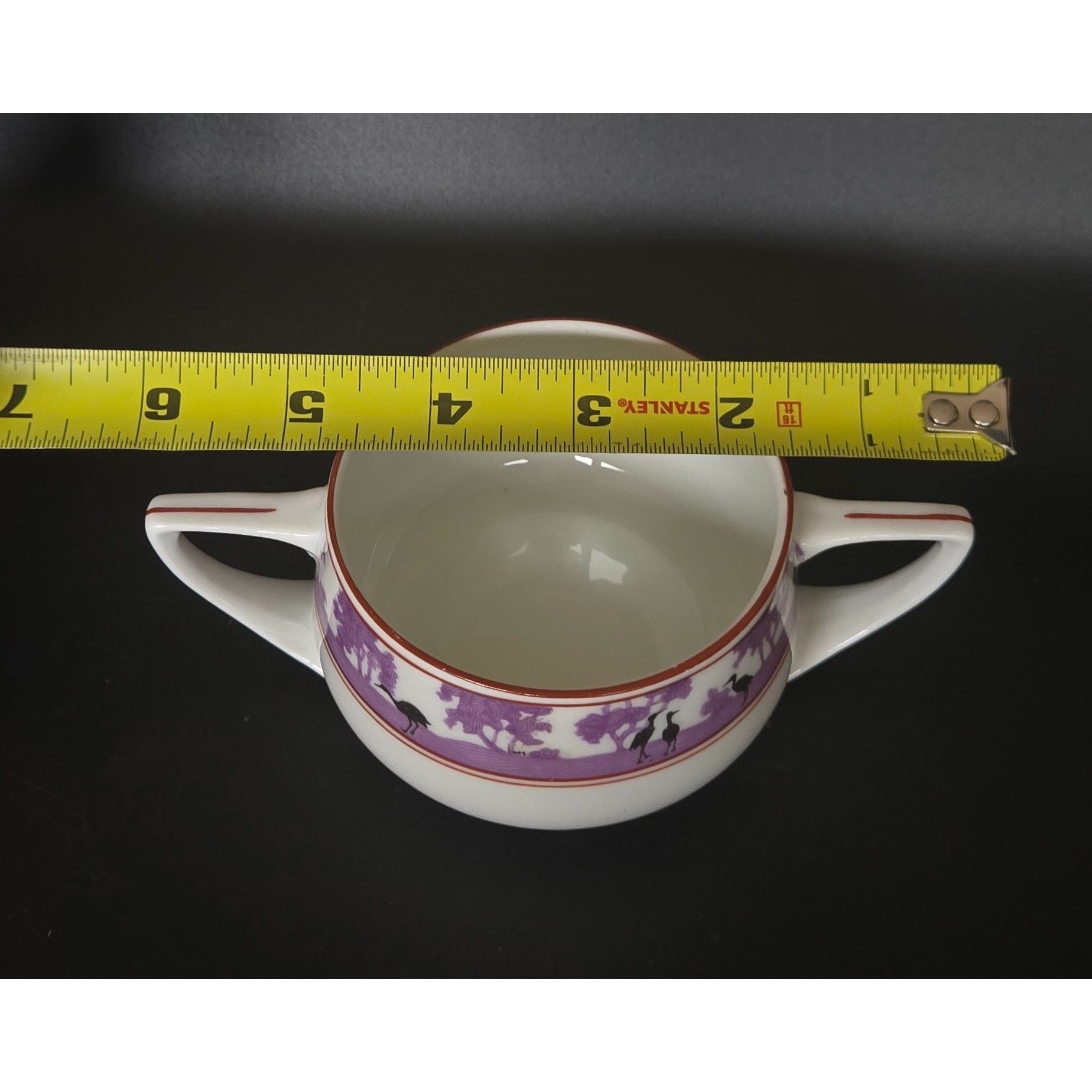 Epiag Czech Silhouette Purple Black Crane Double-Handled Porcelain Birds Bowl
