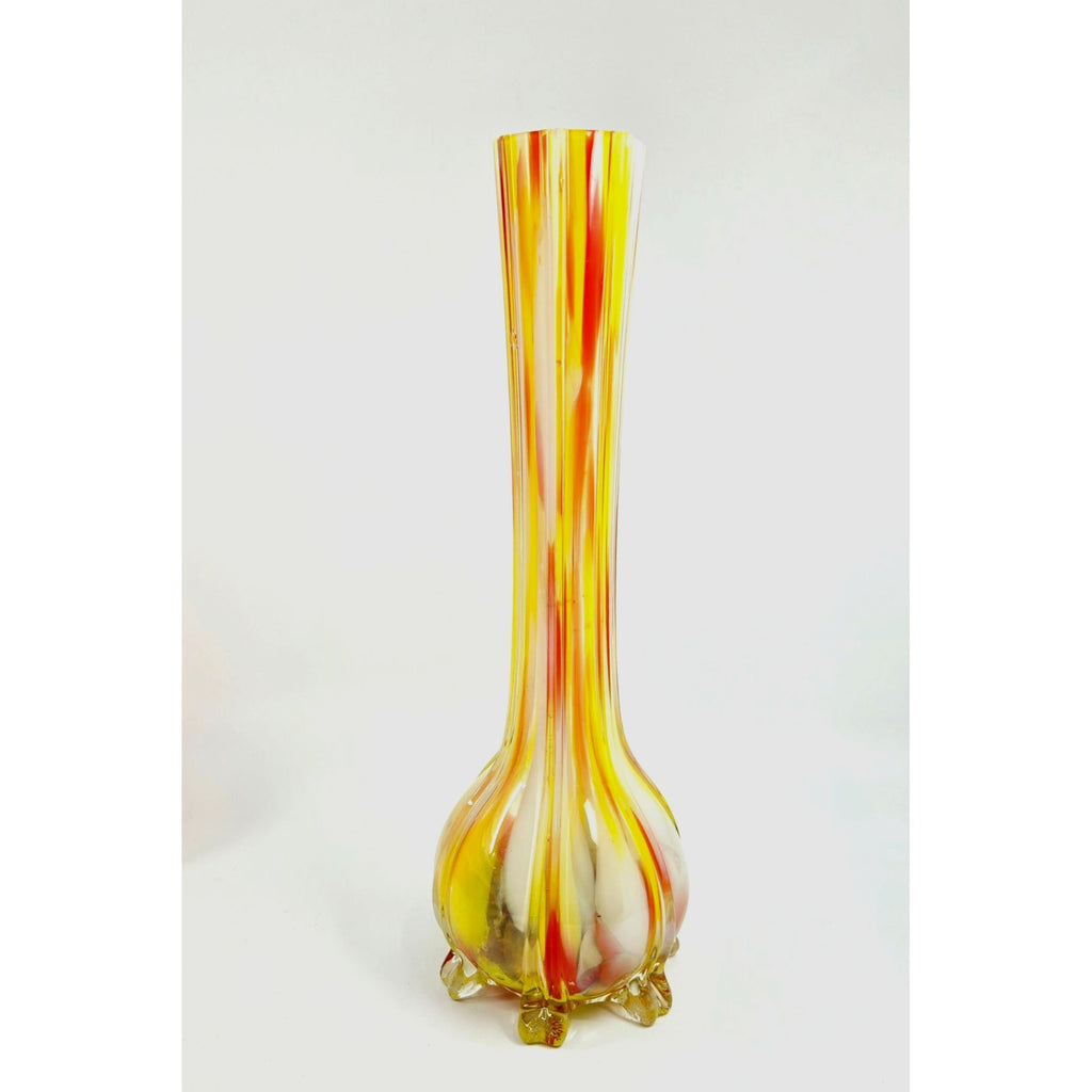 Vase Czech Welz, Hand-Blown Art Glass Vase Yellow & Red Stripes 10 Inches