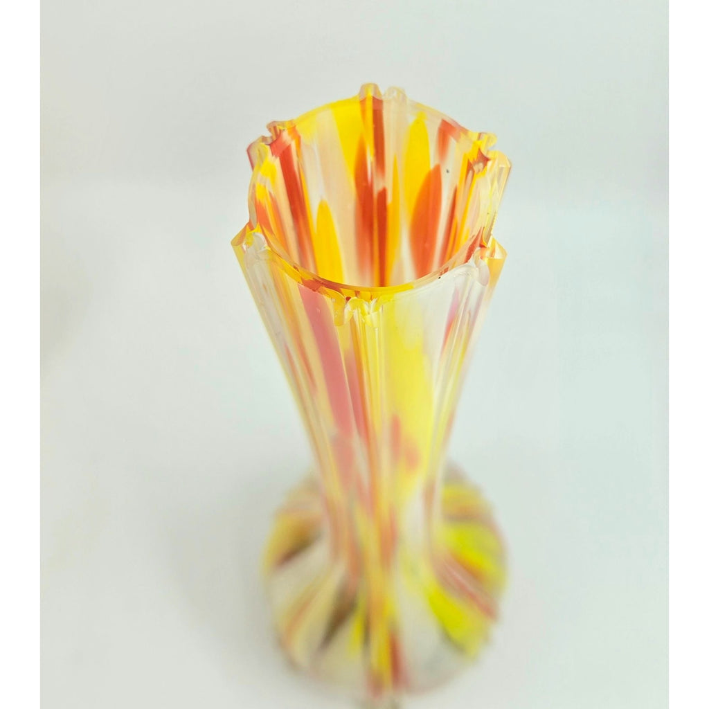 Vase Czech Welz, Hand-Blown Art Glass Vase Yellow & Red Stripes 10 Inches
