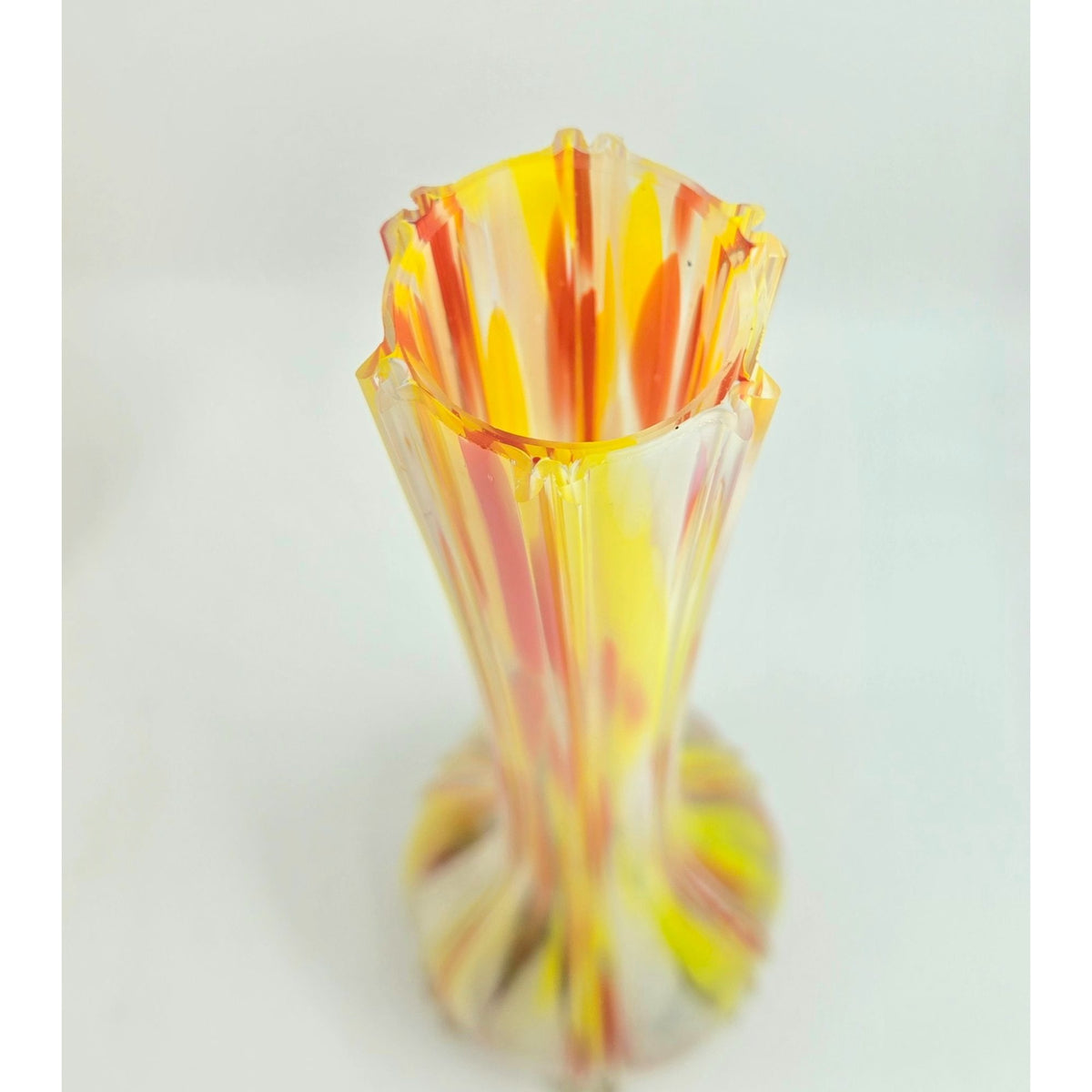 Vase Czech Welz, Hand-Blown Art Glass Vase Yellow & Red Stripes 10 Inches