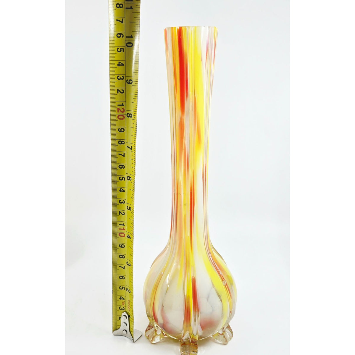Vase Czech Welz, Hand-Blown Art Glass Vase Yellow & Red Stripes 10 Inches