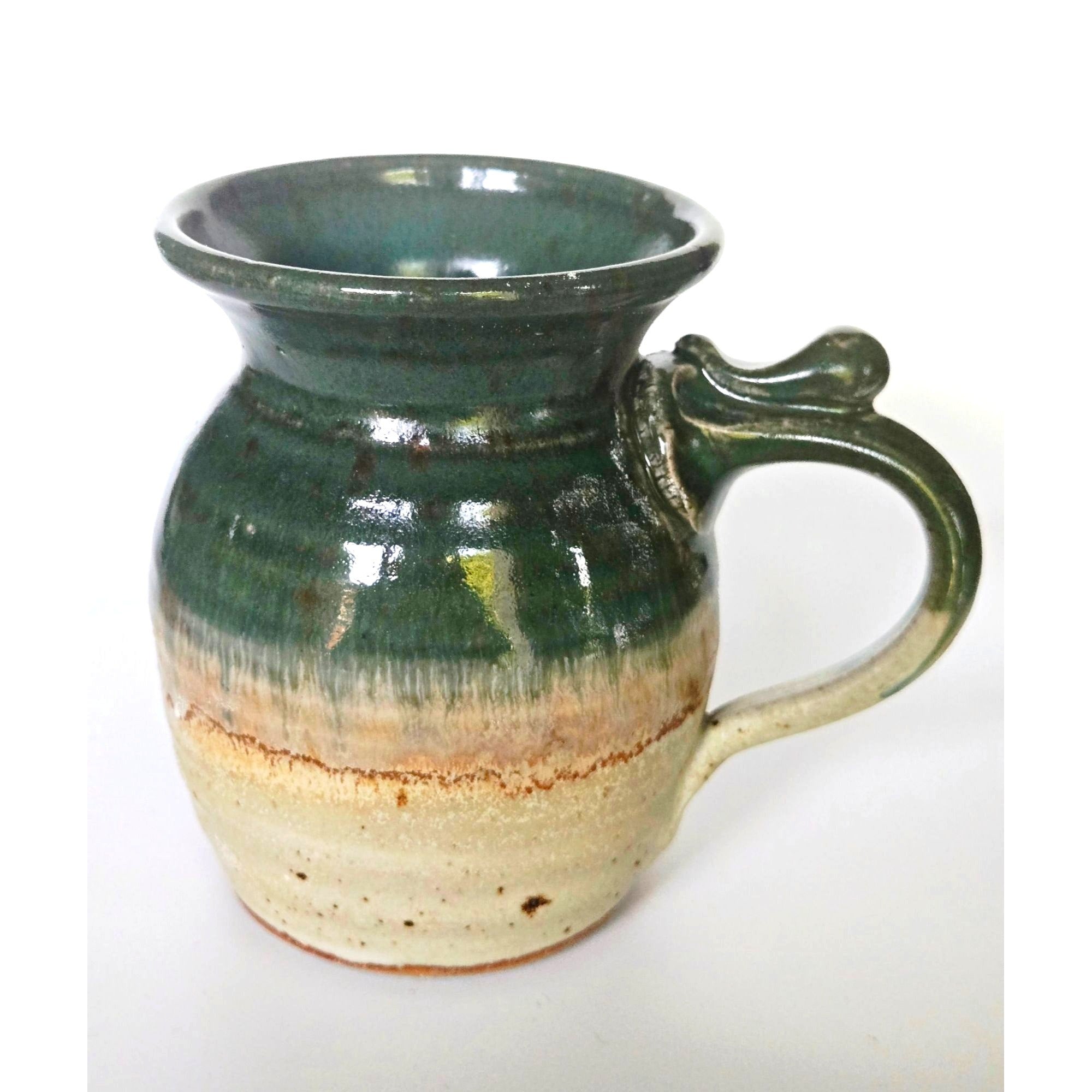 Handcrafted Pottery Mug Signed Green & Cream Gradient Glaze 4" Tall Like New