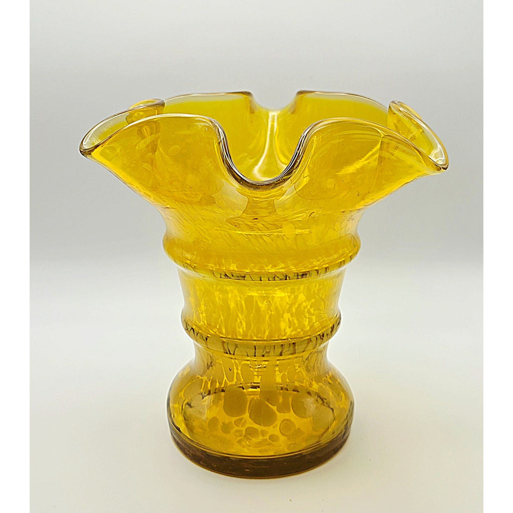 Vintage Franz Welz yellow Speckle Vase w/Ruffled Edge, Czech Glass
