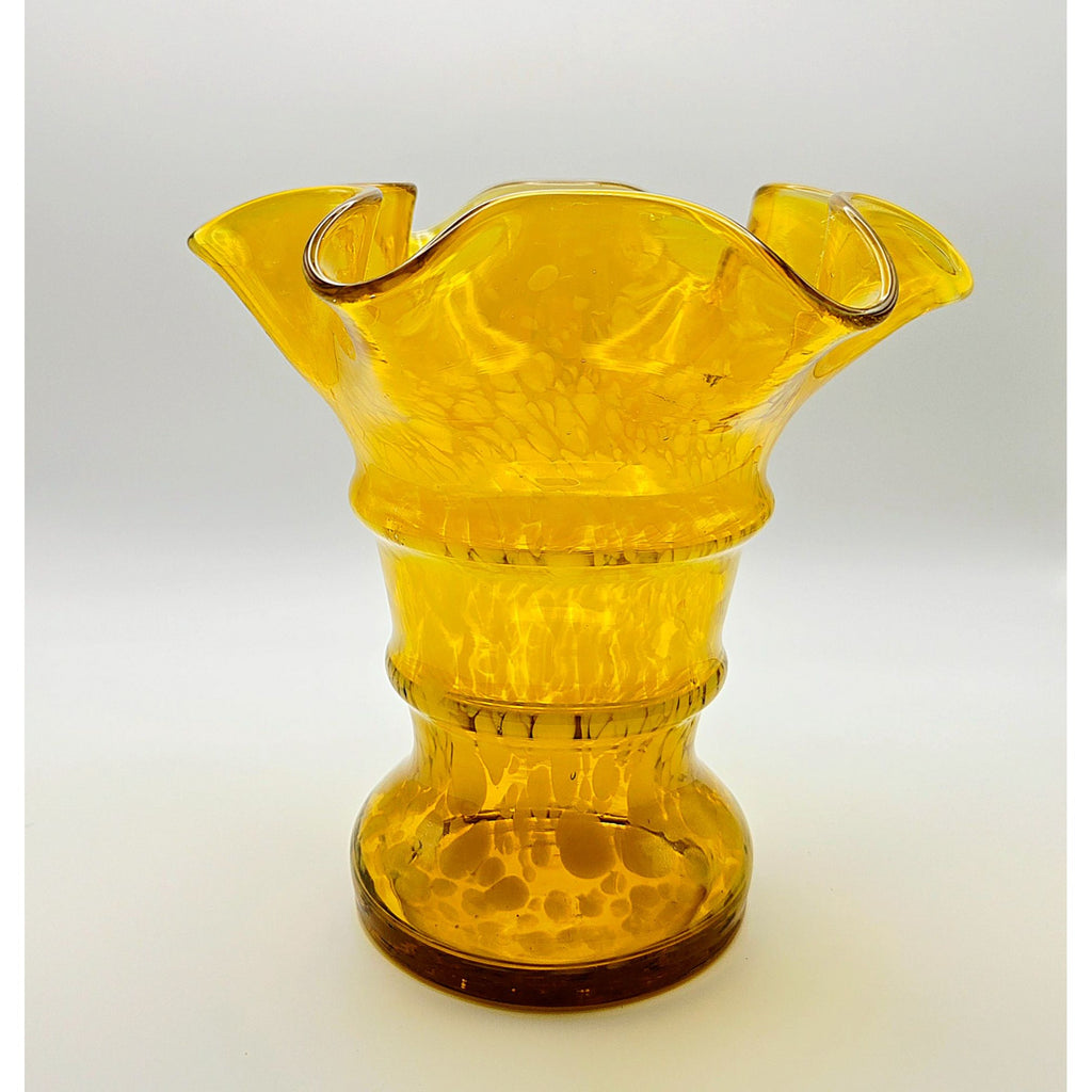 Vintage Franz Welz yellow Speckle Vase w/Ruffled Edge, Czech Glass