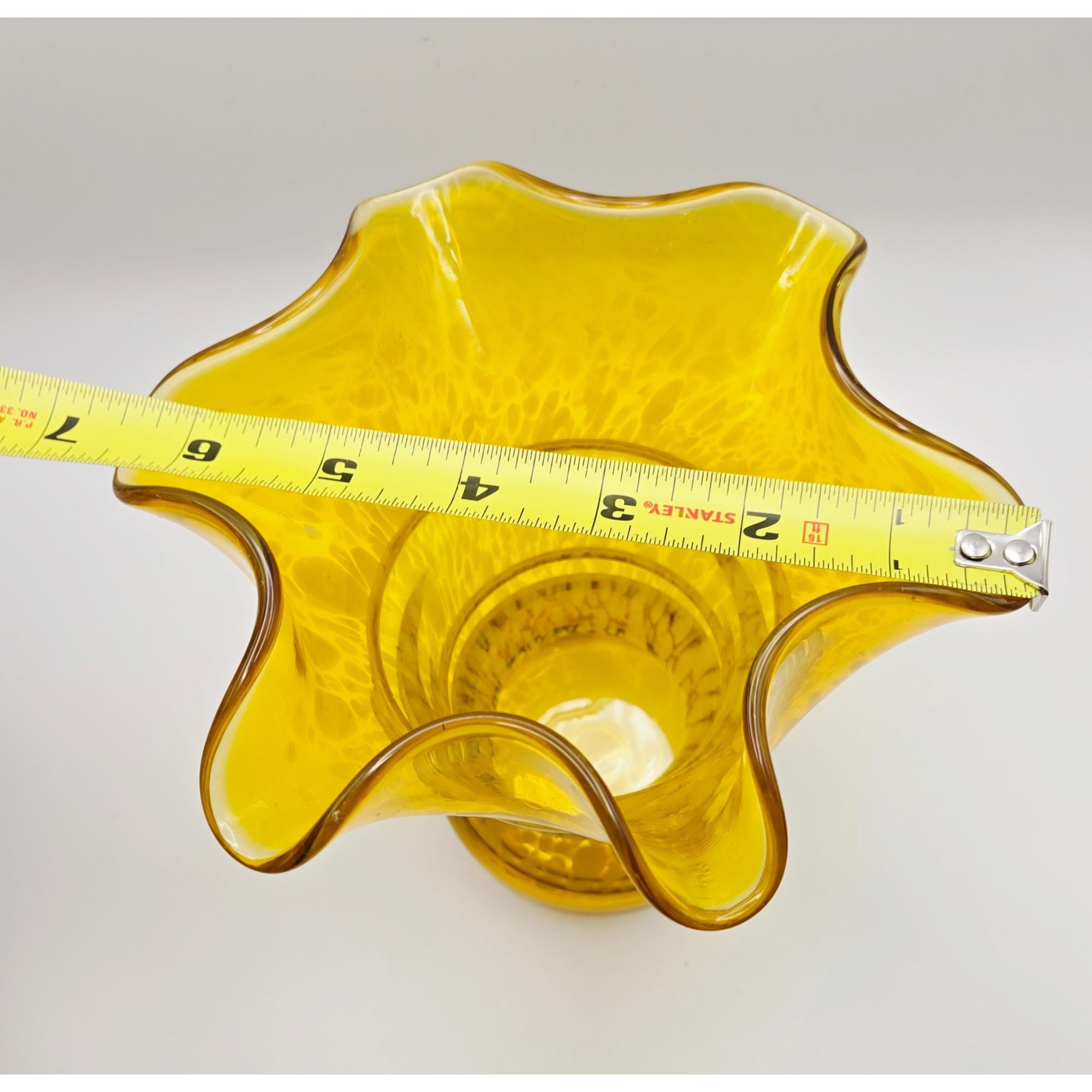 Vintage Franz Welz yellow Speckle Vase w/Ruffled Edge, Czech Glass