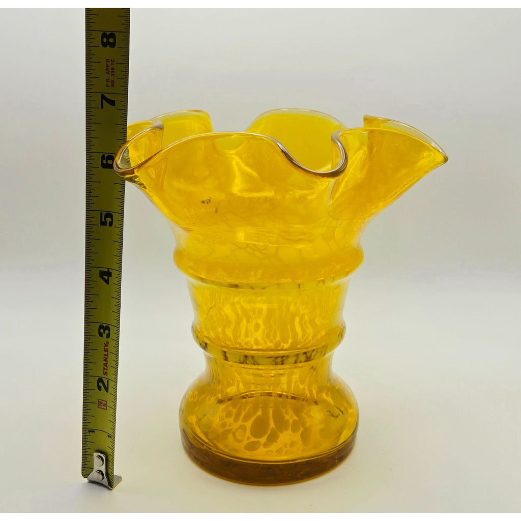 Vintage Franz Welz yellow Speckle Vase w/Ruffled Edge, Czech Glass