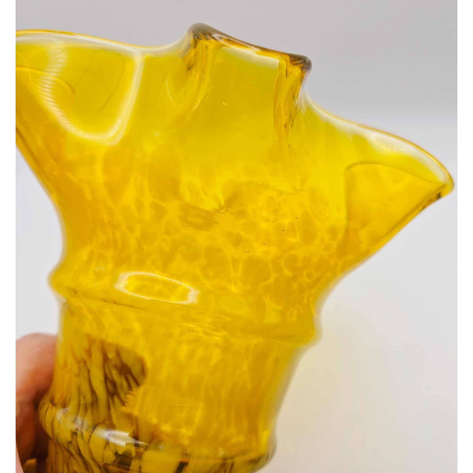 Vintage Franz Welz yellow Speckle Vase w/Ruffled Edge, Czech Glass