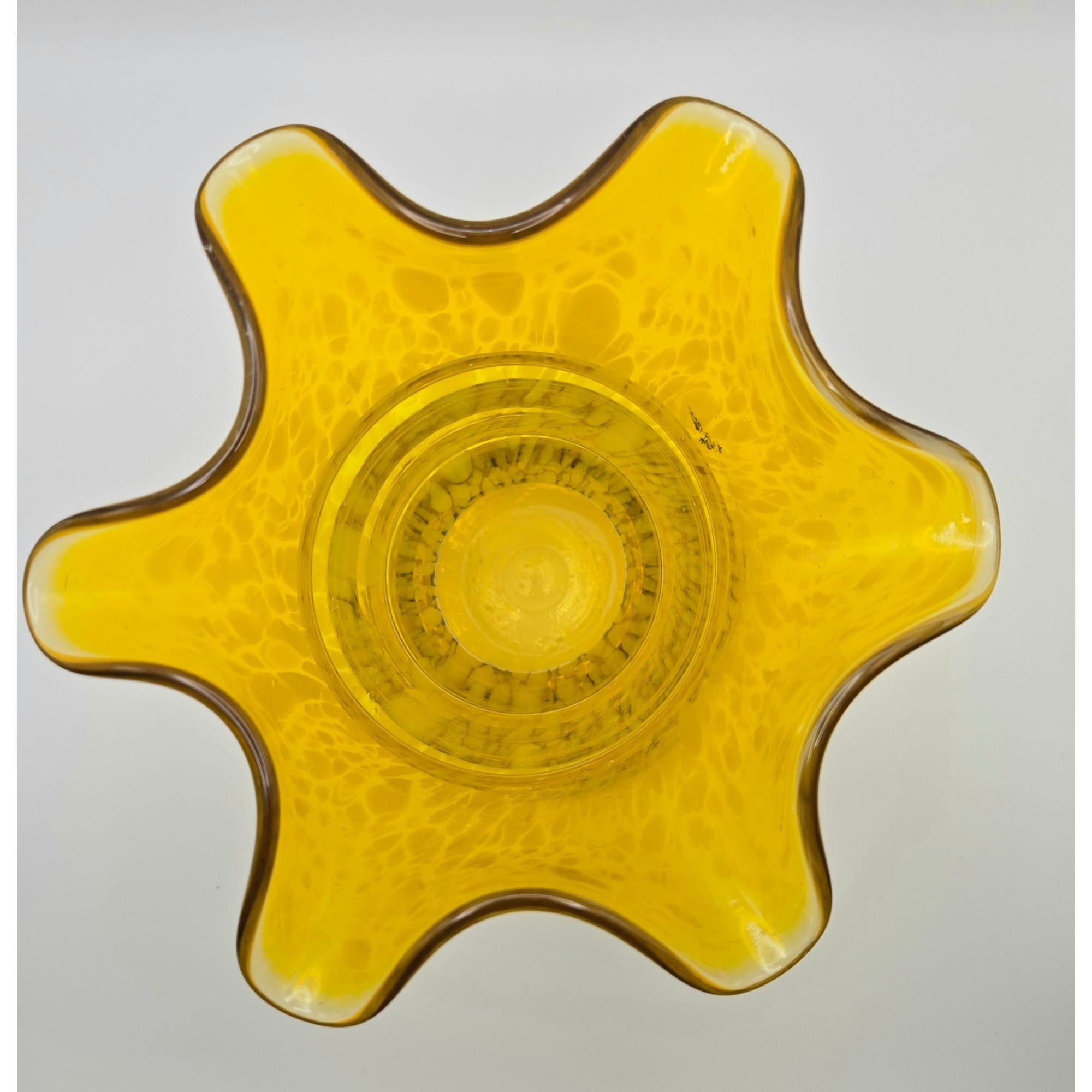 Vintage Franz Welz yellow Speckle Vase w/Ruffled Edge, Czech Glass