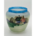 Vintage Czech Hand Painted Glass Vase Village Scene Blue Rim SlovaKia, Very Good Condition