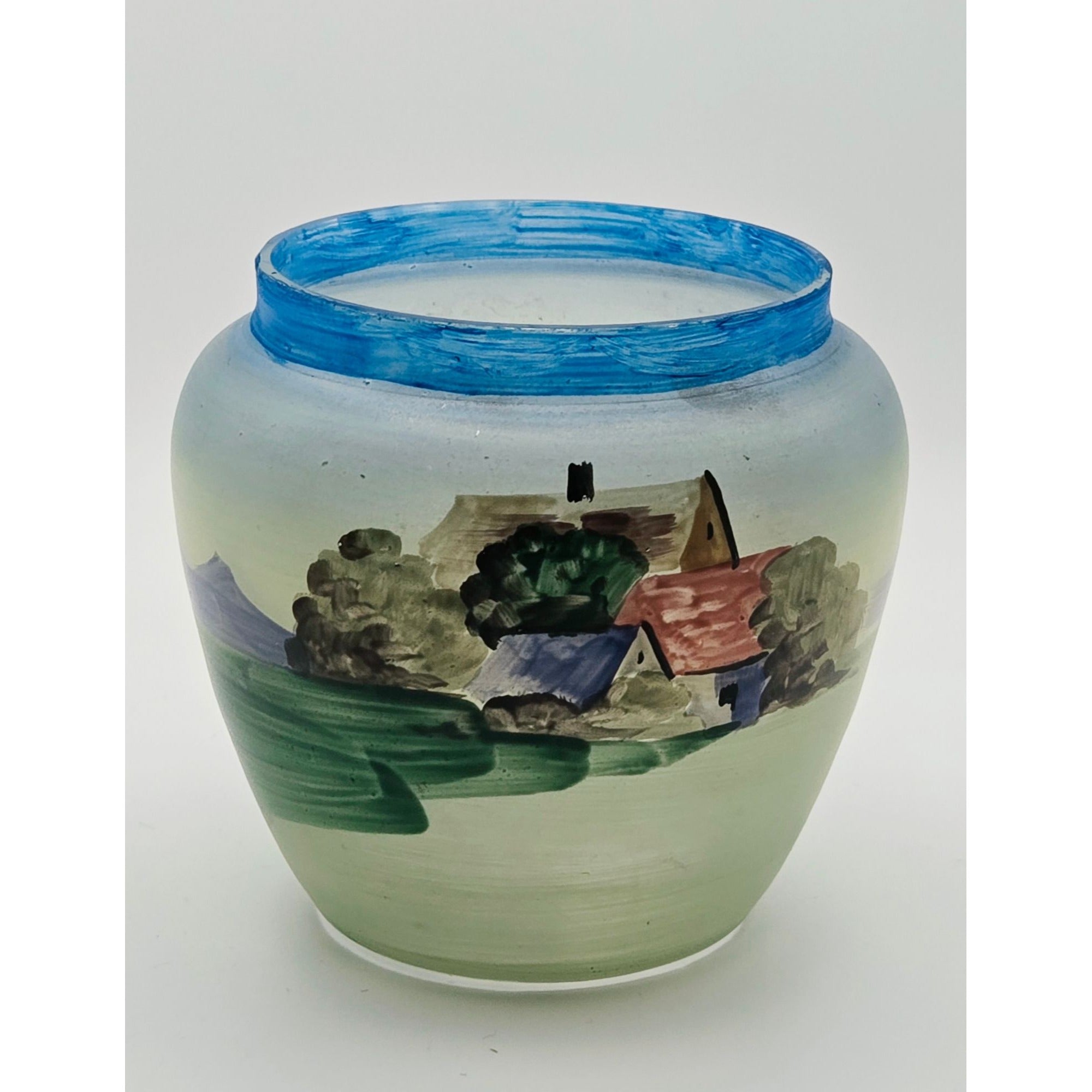 Vintage Czech Hand Painted Glass Vase Village Scene Blue Rim SlovaKia, Very Good Condition