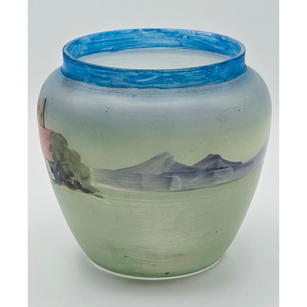 Vintage Czech Hand Painted Glass Vase Village Scene Blue Rim SlovaKia, Very Good Condition