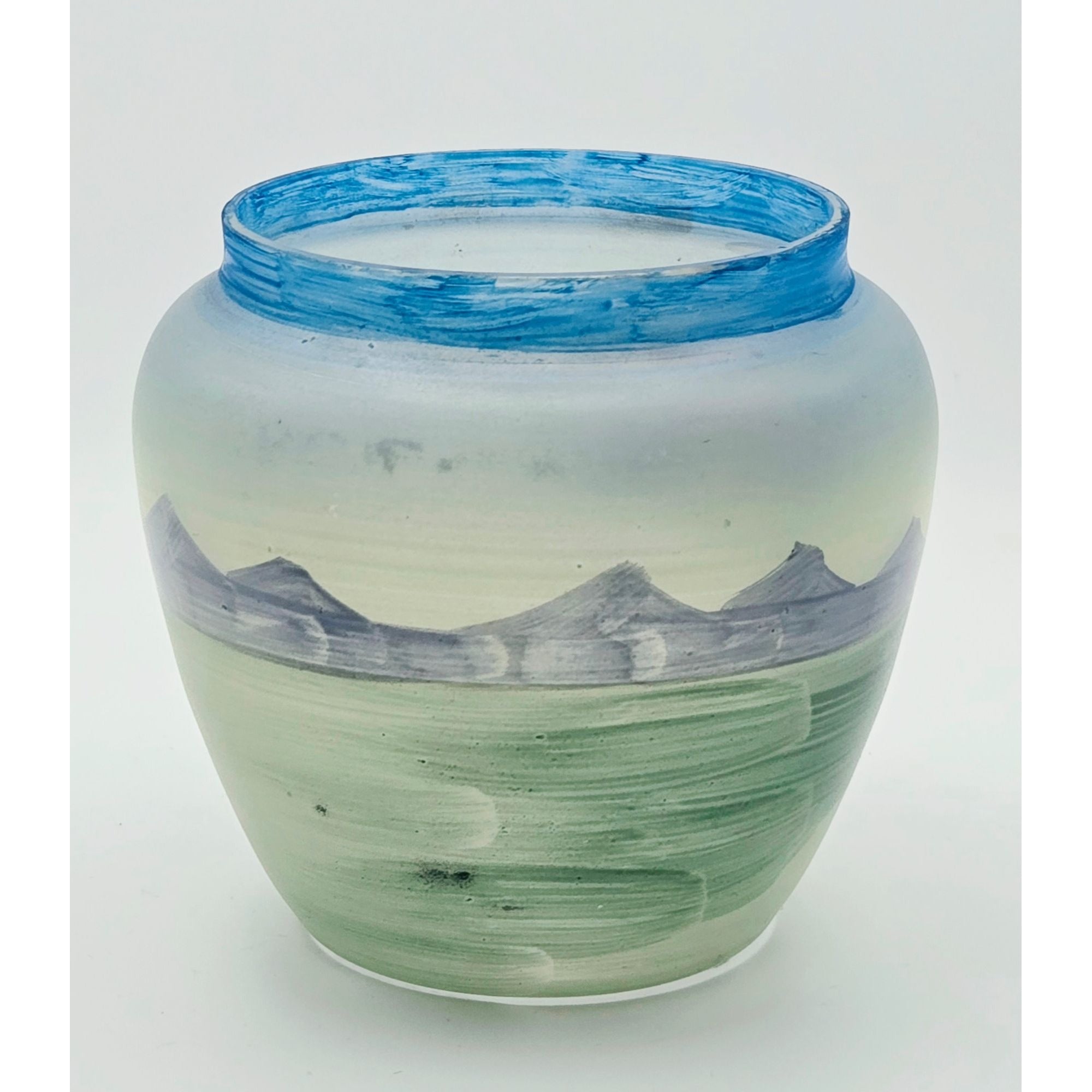 Vintage Czech Hand Painted Glass Vase Village Scene Blue Rim SlovaKia, Very Good Condition