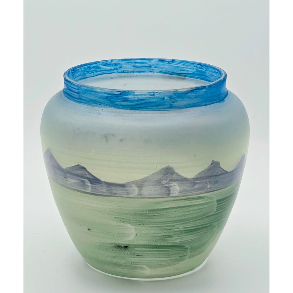 Vintage Czech Hand Painted Glass Vase Village Scene Blue Rim SlovaKia, Very Good Condition