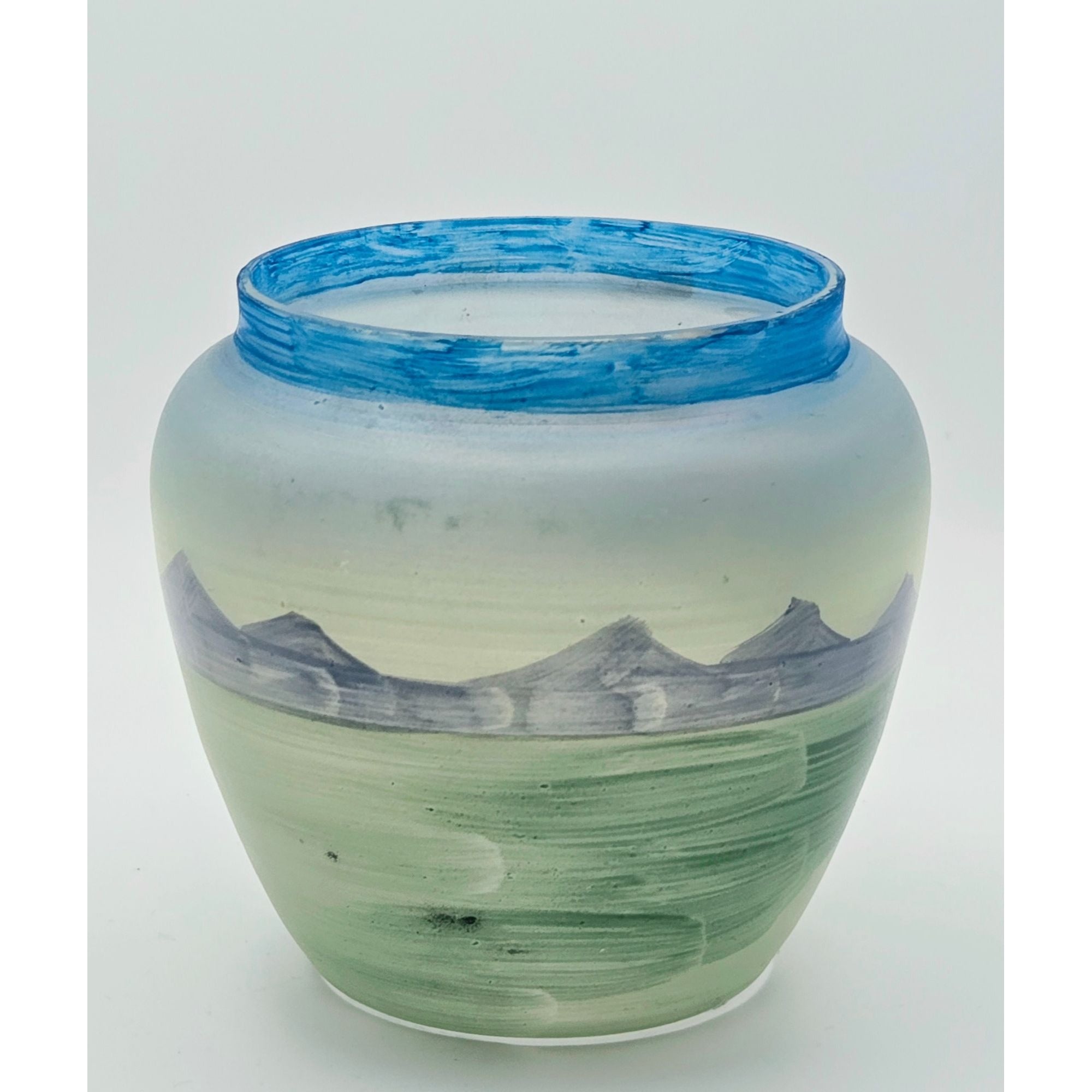 Vintage Czech Hand Painted Glass Vase Village Scene Blue Rim SlovaKia, Very Good Condition