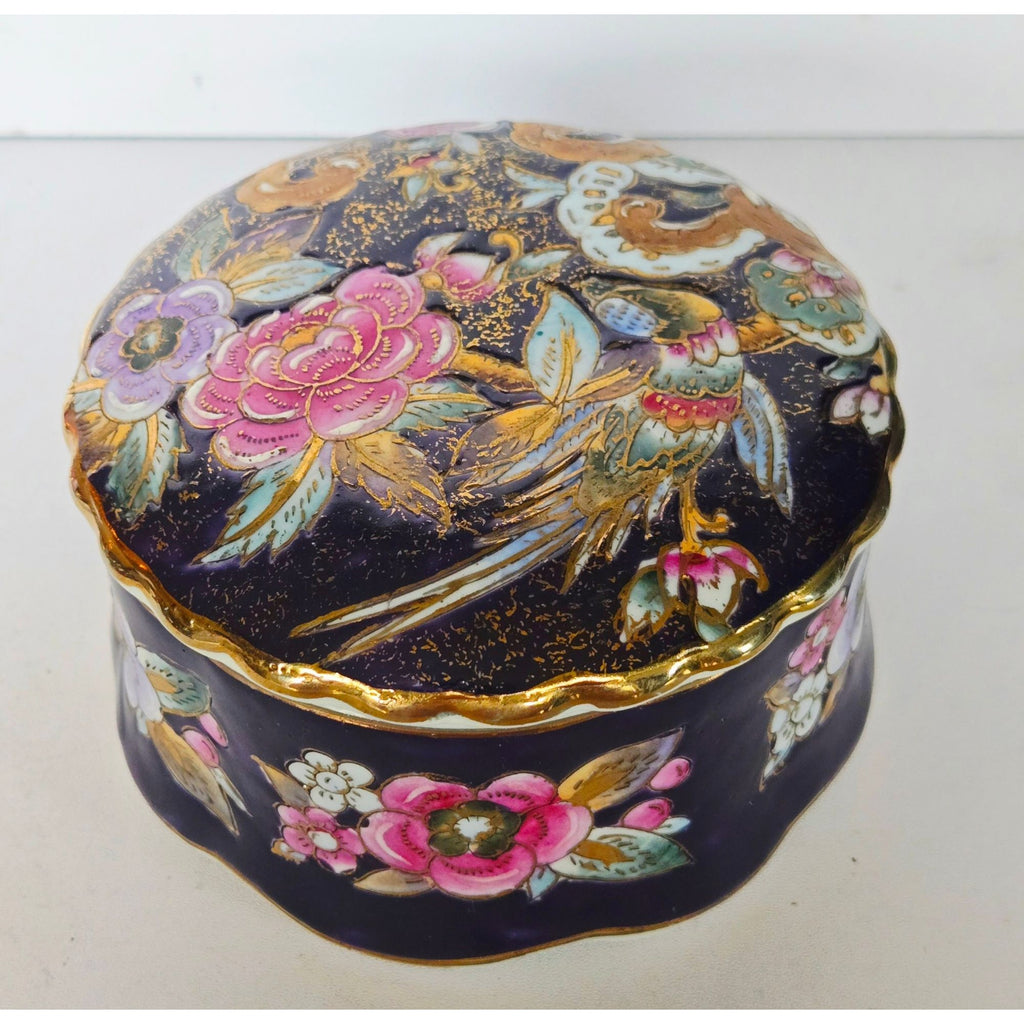 Vintage Asian inspired Purple & gold Porcelain Trinket Box With Floral & Bird Design