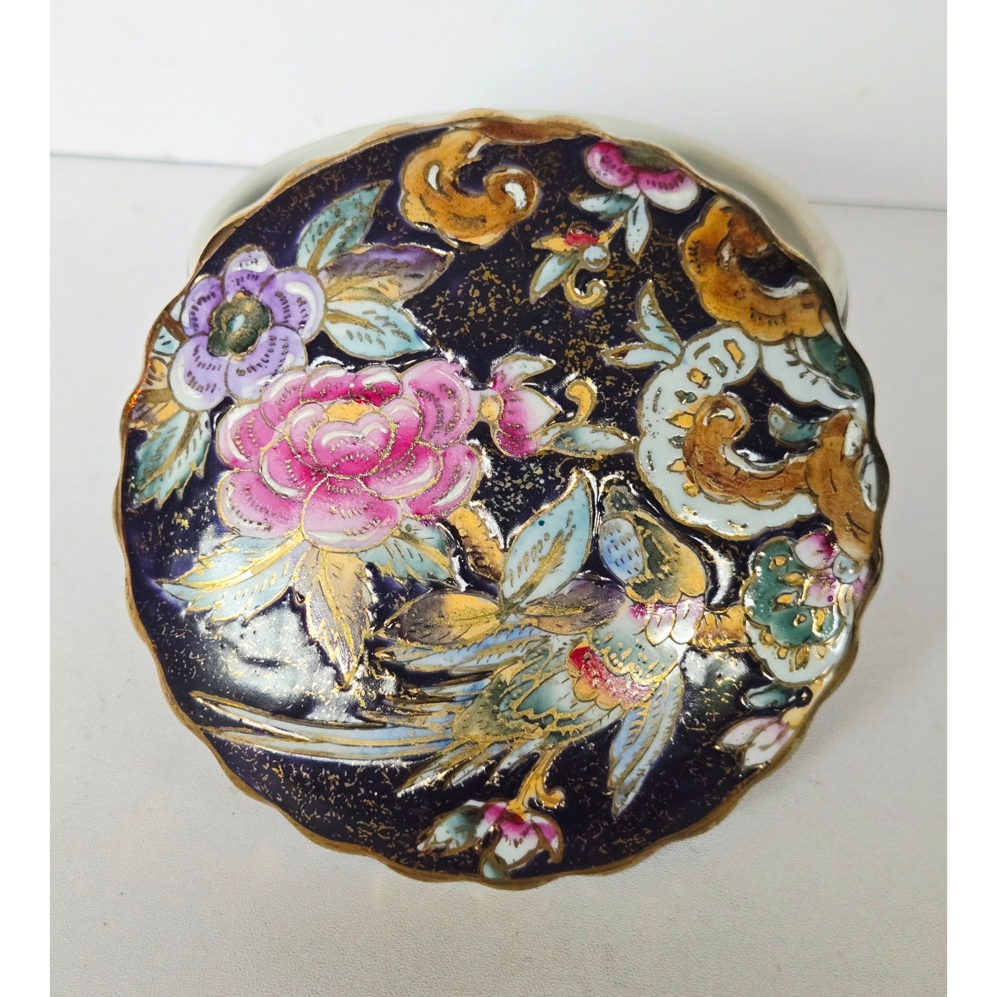 Vintage Asian inspired Purple & gold Porcelain Trinket Box With Floral & Bird Design