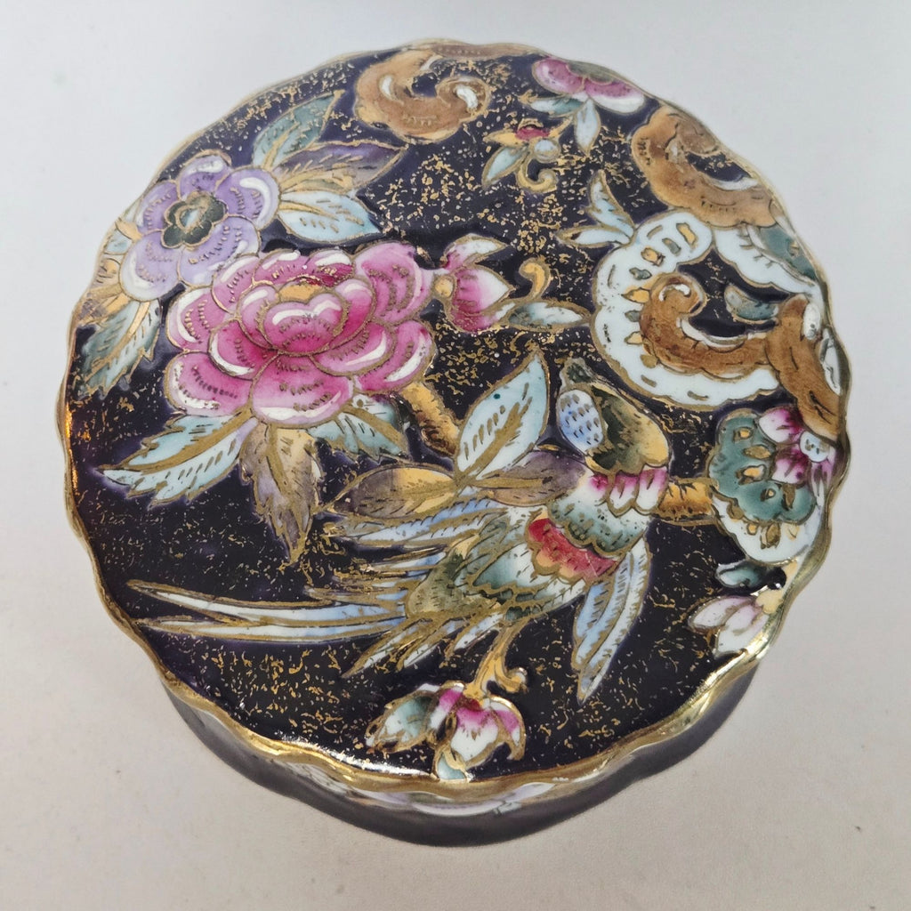 Vintage Asian inspired Purple & gold Porcelain Trinket Box With Floral & Bird Design