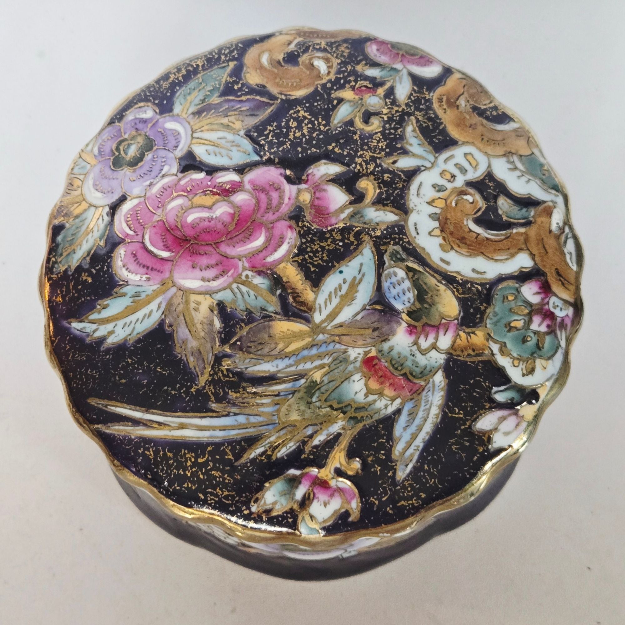Vintage Asian inspired Purple & gold Porcelain Trinket Box With Floral & Bird Design