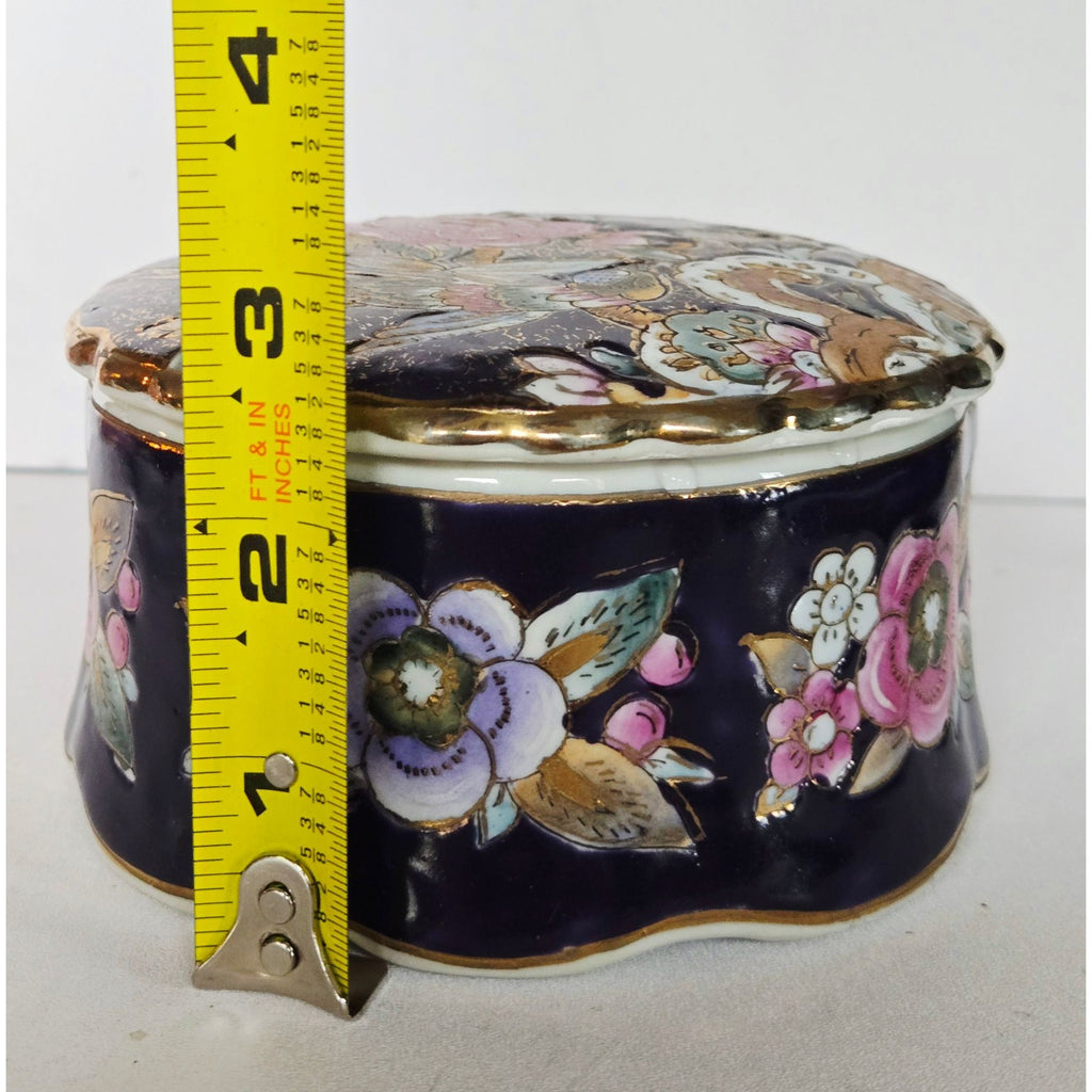 Vintage Asian inspired Purple & gold Porcelain Trinket Box With Floral & Bird Design