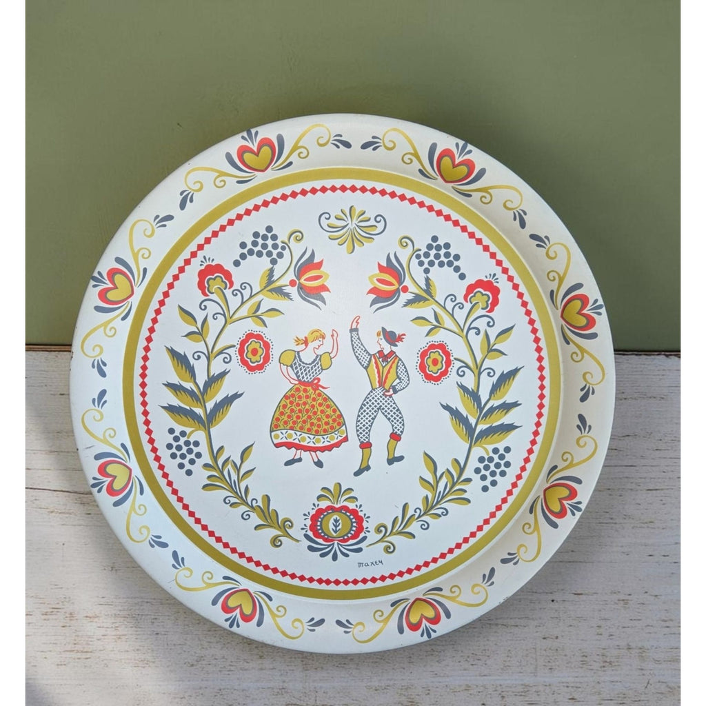 Vtg Maxey White Tole Serving Tray Pennsylvania Dutch Dancing Couple folk art, Green orange 16"