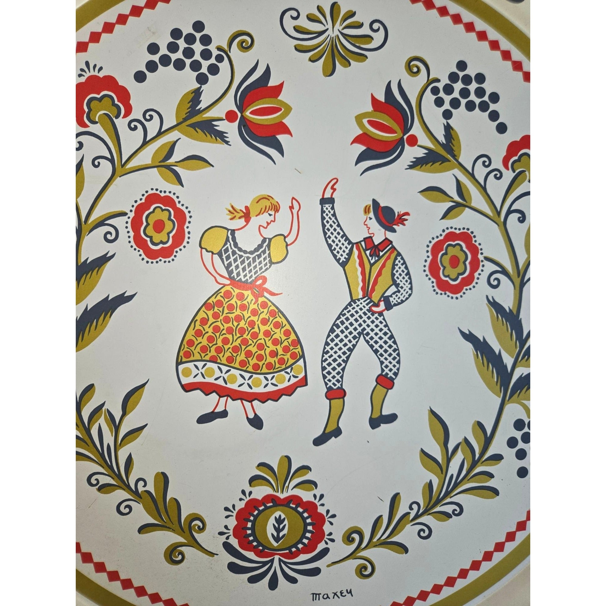 Vtg Maxey White Tole Serving Tray Pennsylvania Dutch Dancing Couple folk art, Green orange 16"
