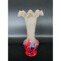 1930s Hand Blown Czech Vase Pale Pink, Red Blue Splatter Glass Technique, w/ ruffle rim