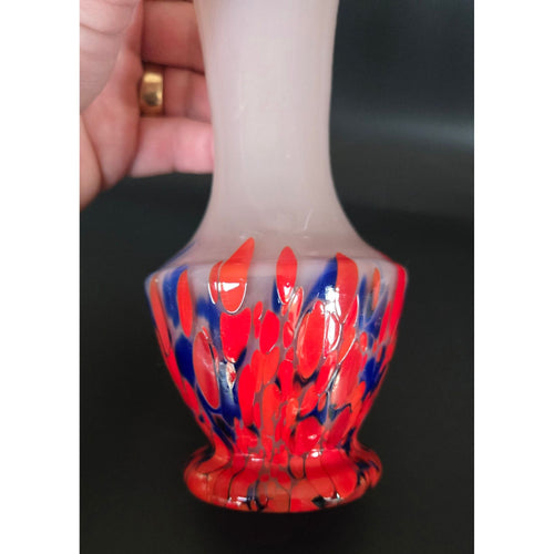 1930s Hand Blown Czech Vase Pale Pink, Red Blue Splatter Glass Technique, w/ ruffle rim